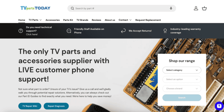 A screenshot showing TV Parts Today website after being re-built on Shopify.