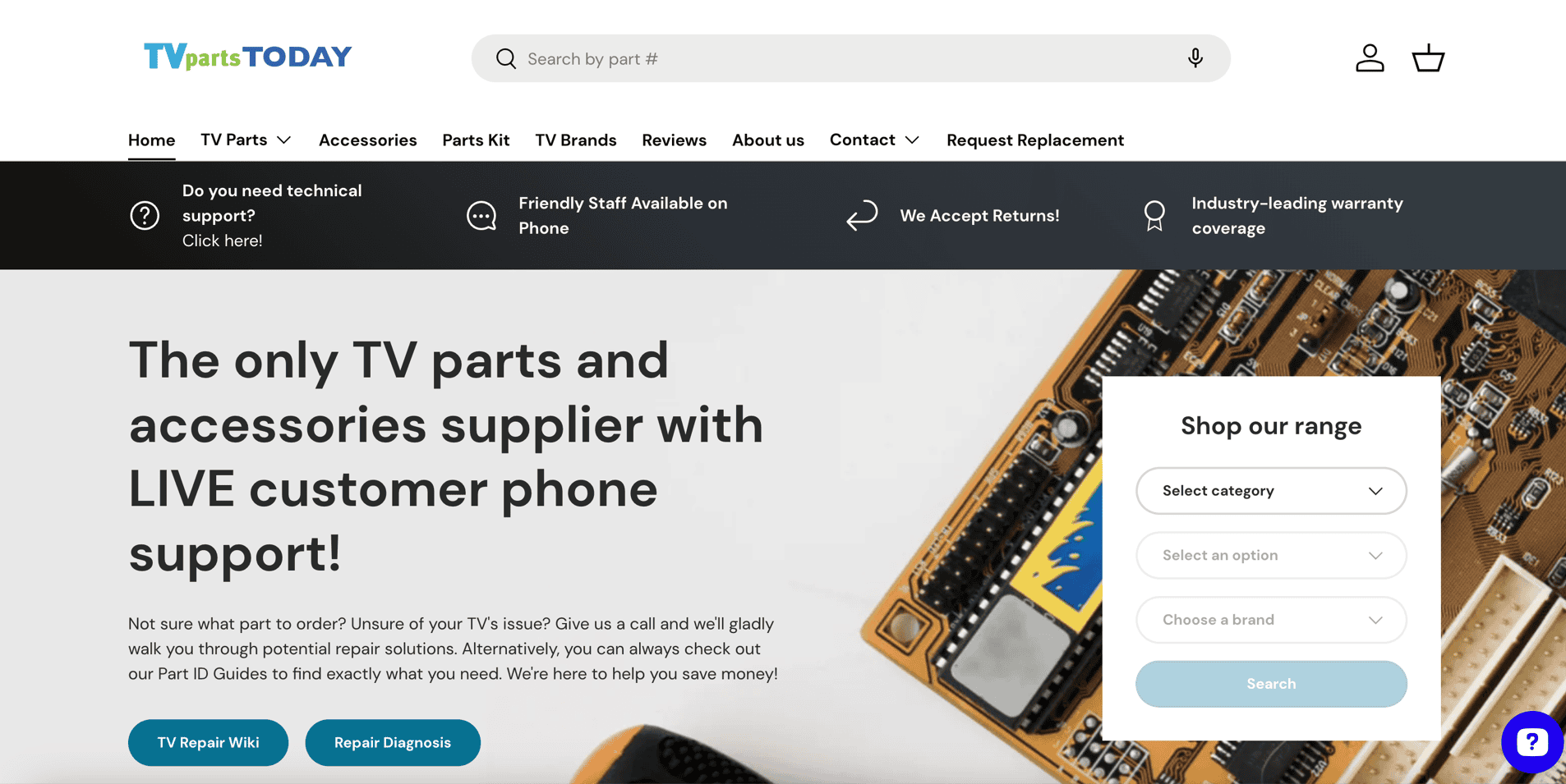 A screenshot showing TV Parts Today website after being re-built on Shopify.