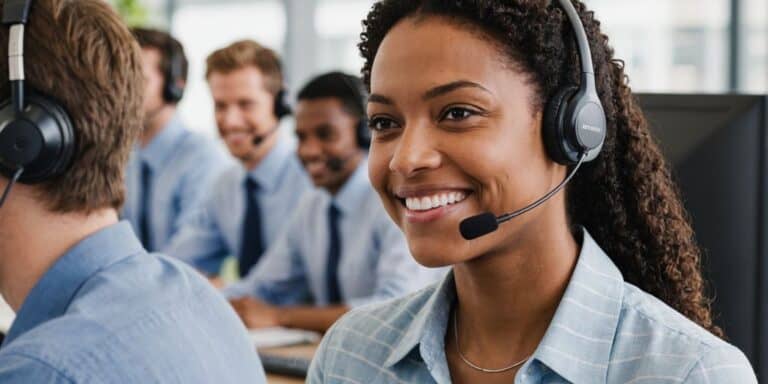 Customer service rep smiling with headset
