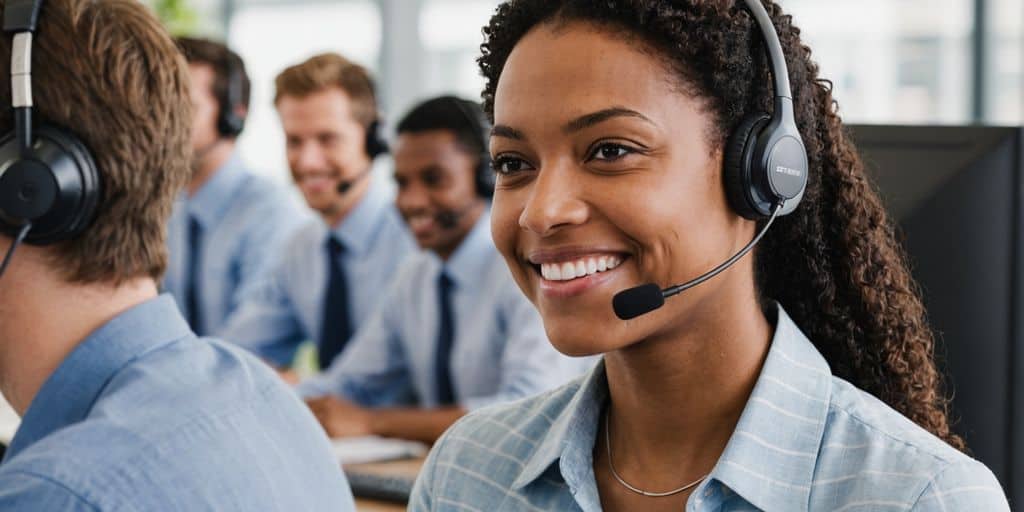 Customer service rep smiling with headset