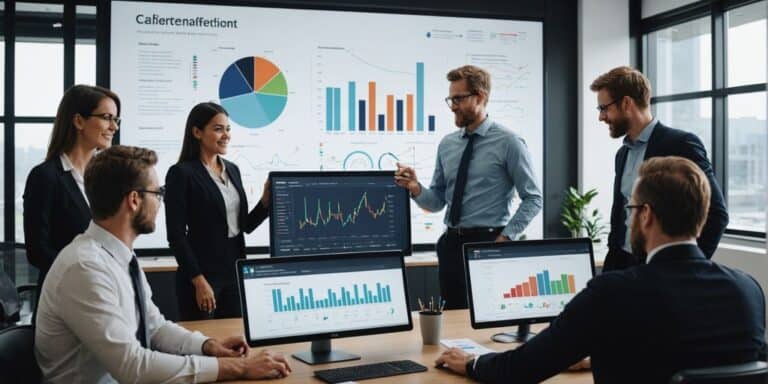 Team collaborating with charts on screen