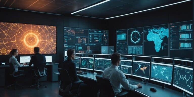 Engineers in a high-tech control room with data screens.