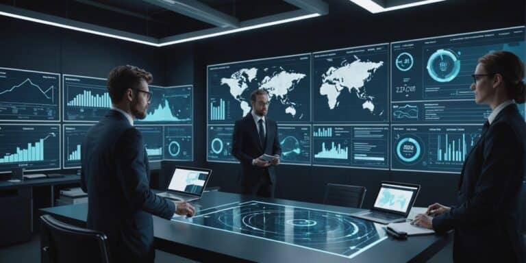 Professionals analyzing holographic data trends in a futuristic office.