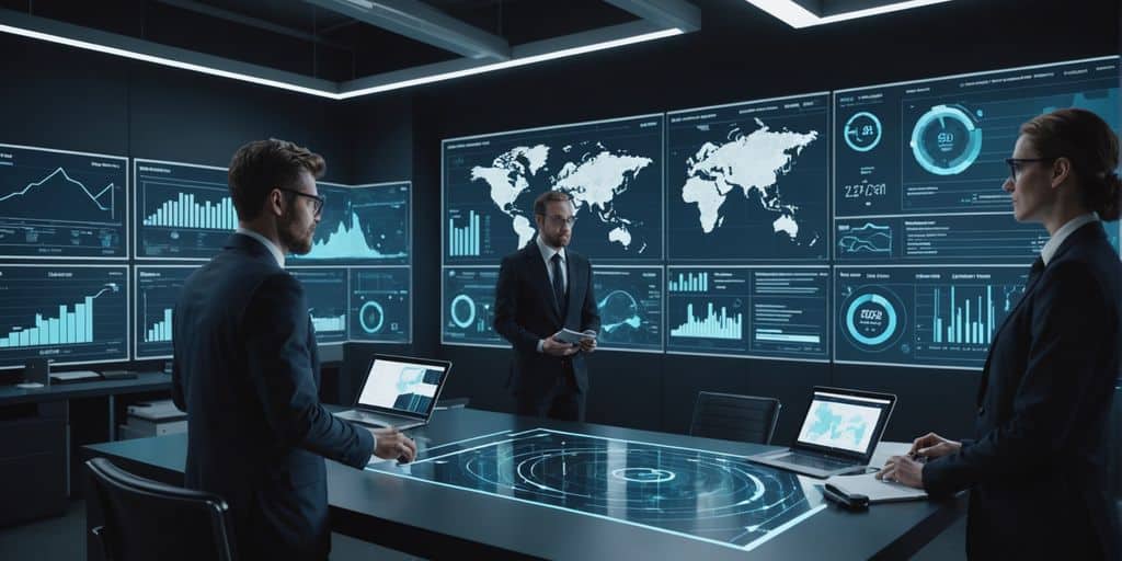Professionals analyzing holographic data trends in a futuristic office.