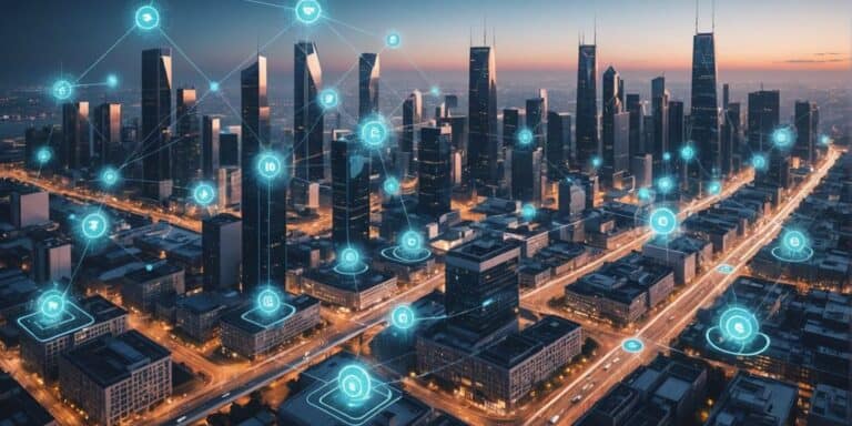 Futuristic city with 5G technology nodes