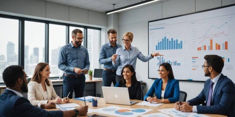 Employees collaborating in a modern office.