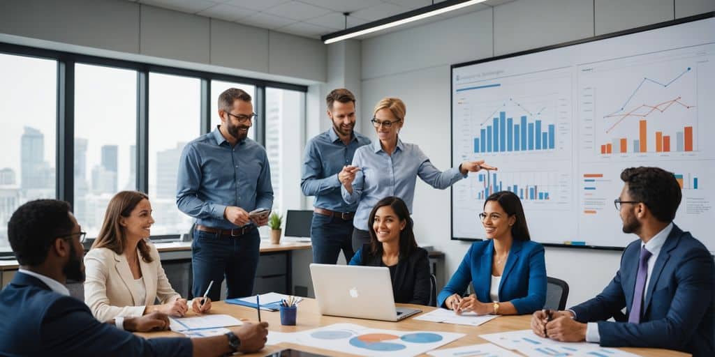 Employees collaborating in a modern office.