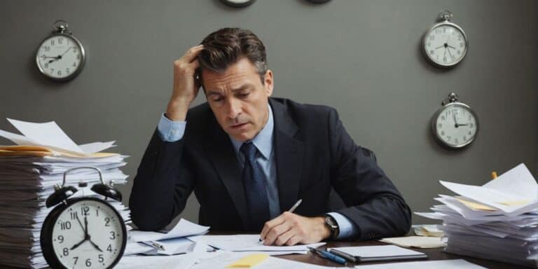 Stressed businessperson at cluttered desk with scattered papers