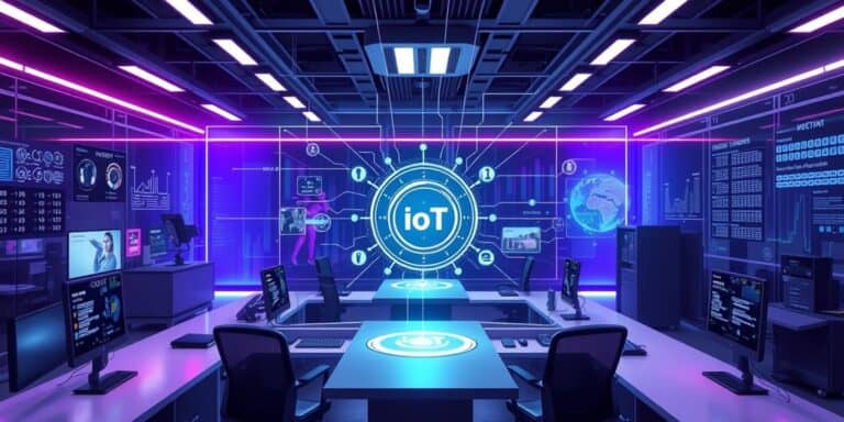 Futuristic office with interconnected devices and data flow lines