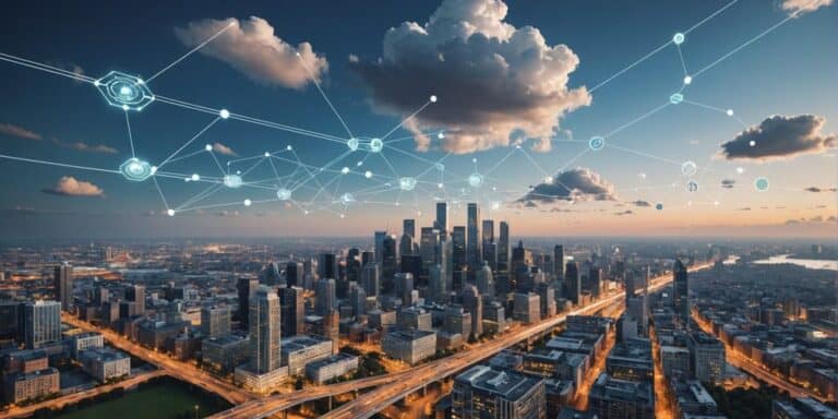 Cloud computing with digital nodes and city skyline