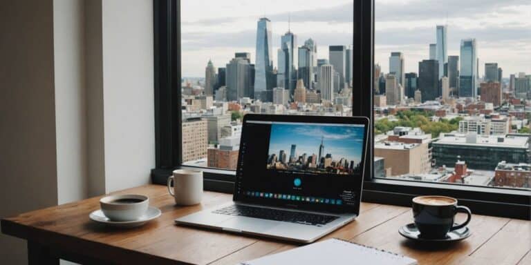 Home office with laptop and city view