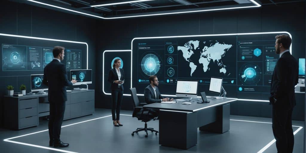 AI holograms assisting in decision-making in a modern office.