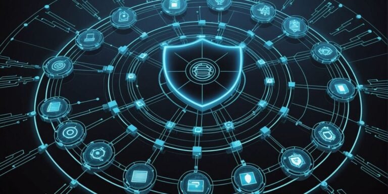 Digital shield over network symbolizing cybersecurity.