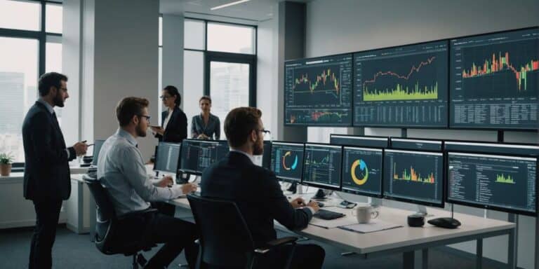 Team analyzing financial charts on screen