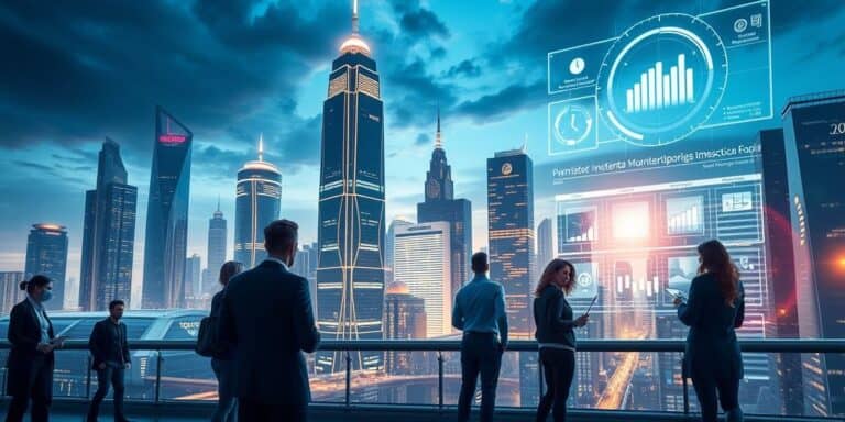 Futuristic cityscape with businesspeople and digital interfaces.