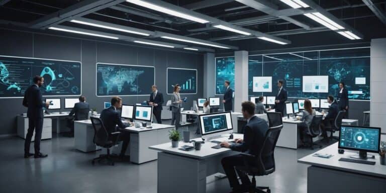 AI robots and humans collaborating in a futuristic office