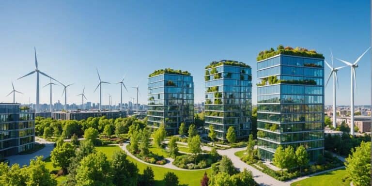 Eco-friendly city with gardens and wind turbines