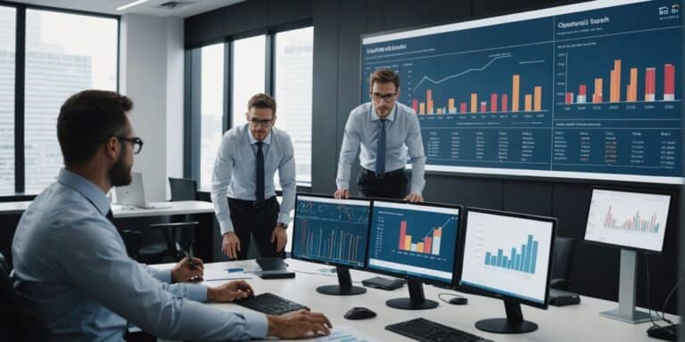 Team analyzing charts in office