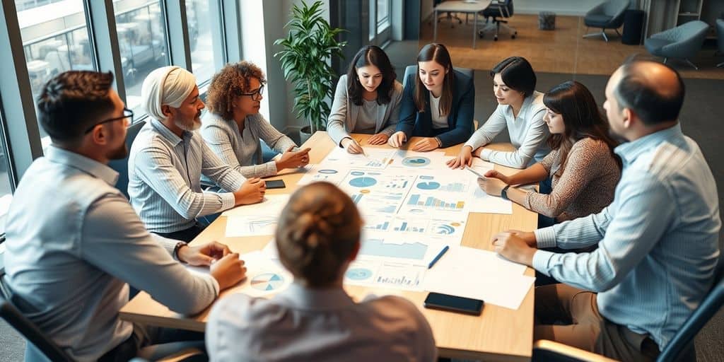 Professionals brainstorming process improvement ideas around a table
