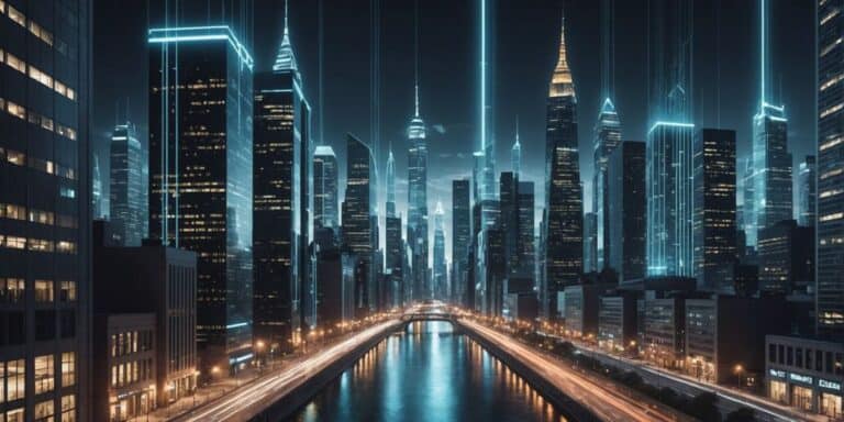 Futuristic city with glowing data streams