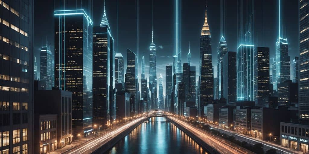 Futuristic city with glowing data streams