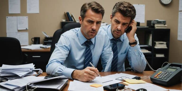 Frustrated business owner with cluttered desk and slow computer.