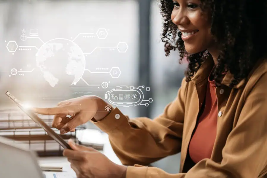 A woman explores AI for her business automation.