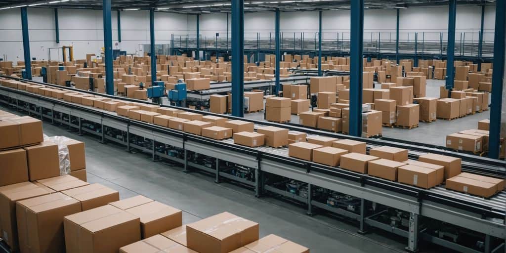 Automated warehouse with conveyor belts and robotic arms.