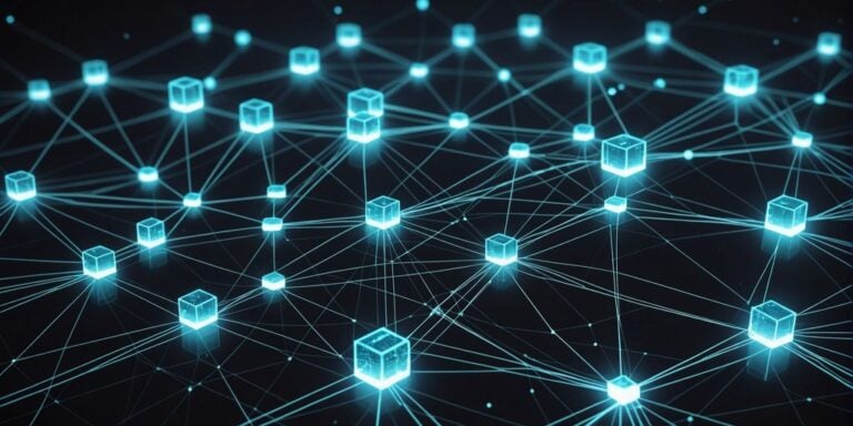 Futuristic digital network with interconnected blocks