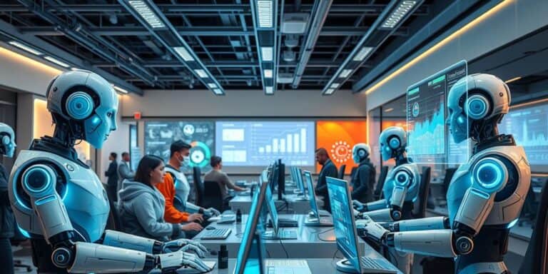 AI robots assisting customers in a futuristic service center.