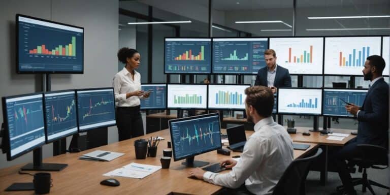 Team analyzing data charts in modern office