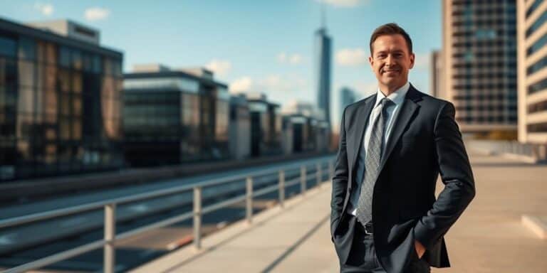 Professional standing confidently with cityscape background