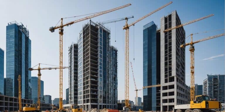 Construction site and modern office with tech devices