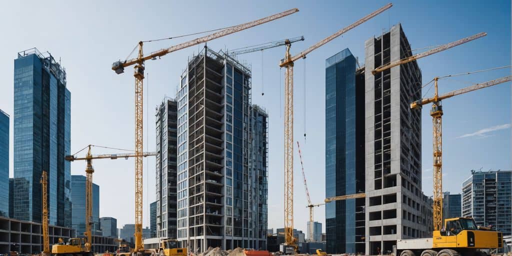 Construction site and modern office with tech devices