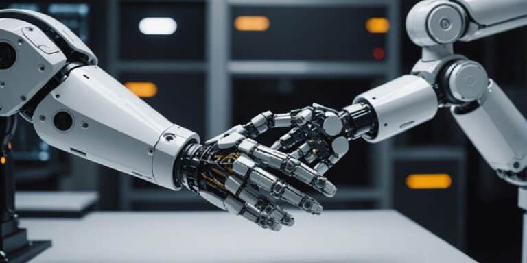 Robotic arm and human hand reaching out.