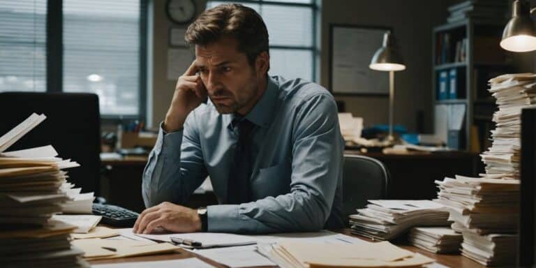 Stressed employee at cluttered desk