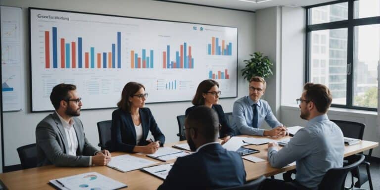 Professionals collaborating in a modern office.