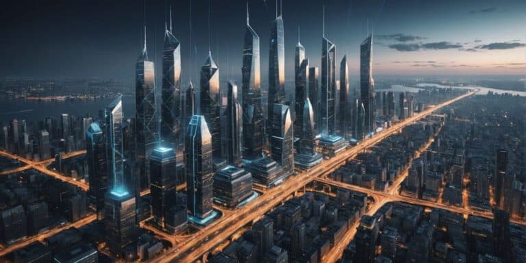 Futuristic city with digital pathways