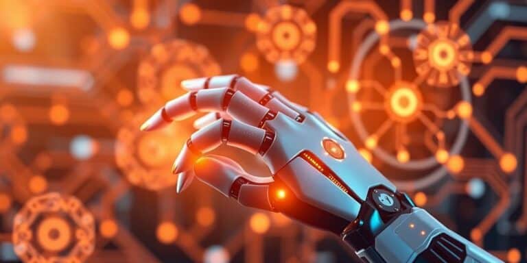 Futuristic robotic hand with digital elements and circuits.