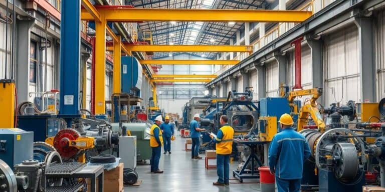 Robust machinery and teamwork in an industrial workspace.