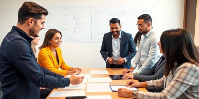 Diverse team collaborating around a table in discussion.