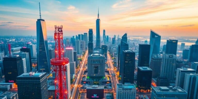 City skyline with 5G towers and modern technology.