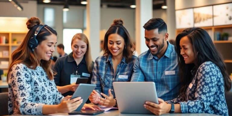 Diverse team using AI tools for customer service enhancement.