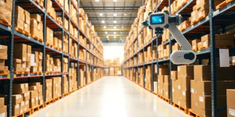 Robots organizing inventory in a high-tech warehouse.