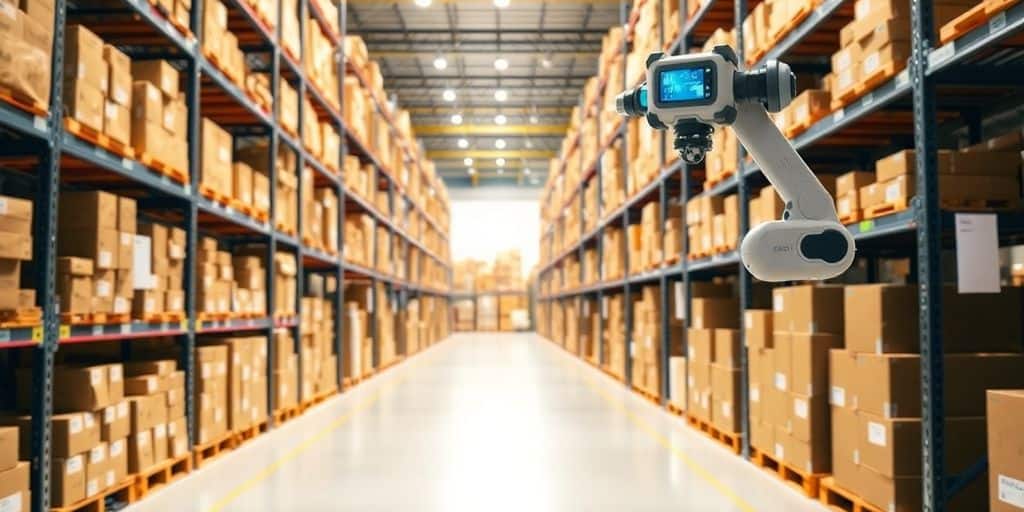 Robots organizing inventory in a high-tech warehouse.