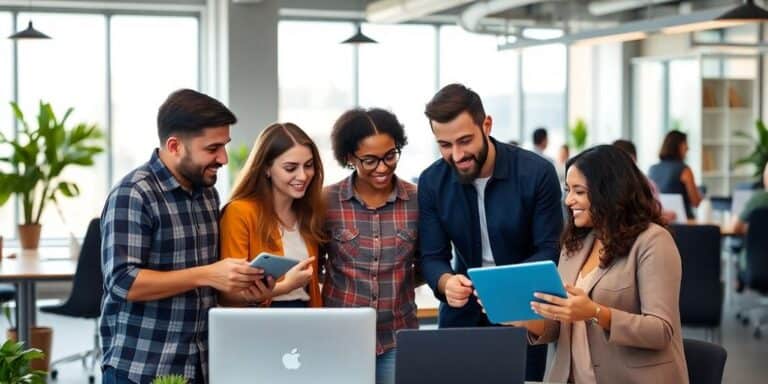 Diverse team collaborating in a modern office space.