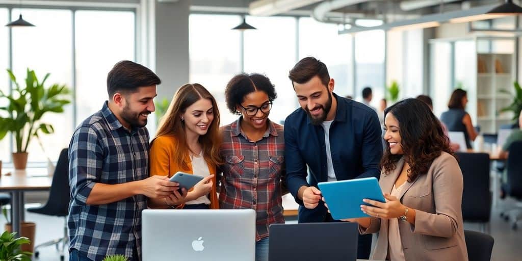 Diverse team collaborating in a modern office space.