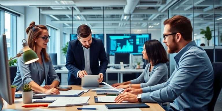 Professionals collaborating in a modern financial office.