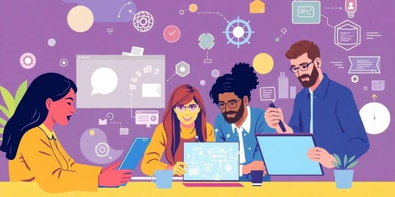 Diverse team collaborating on technology-driven projects.