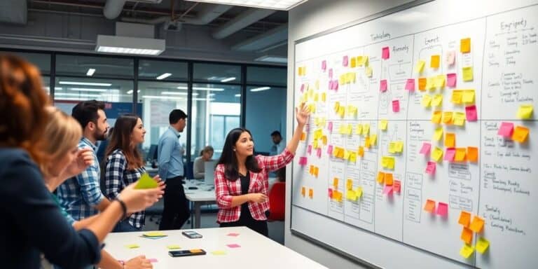 Collaborative workspace with sticky notes and a whiteboard.